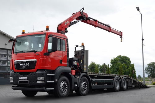MAN TGS 35.360 / 8x2-4 / LAWETA + HDS HIAB 166 E-2 / OŚ PODNOSZONA / 4 OSIOWY / NAJAZDY HYDRAULICZNE / WCIĄGARKA / POMOC DROGOWA / EURO 5 EEV