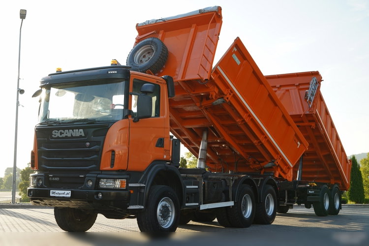 Scania G 440 / 6x6 / ZESTAW / WYWROTKA TRZY-STRONNA / 2X HYDROBURTA /PRZYCZEPA MEILLER / MANUAL zdjęcie 4